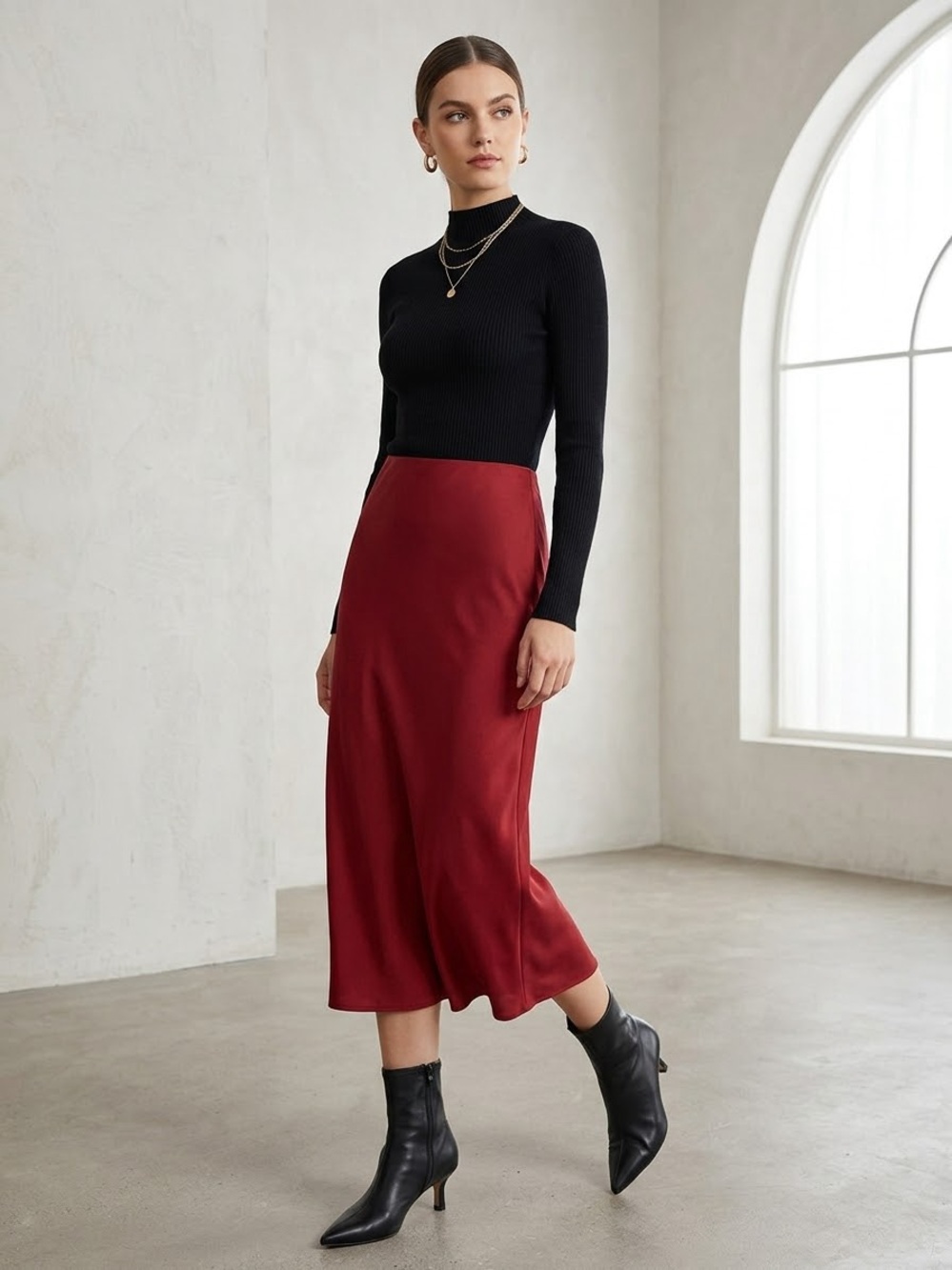 Elegant Red Satin Midi Skirt